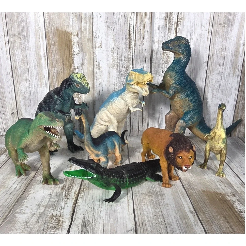 Vintage Style Dinosaur and Wild Animal Toy Figure Lot T-Rex Lion Crocodile 8pc
